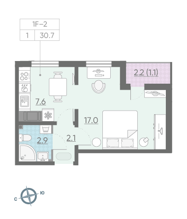 Однокомнатная квартира 30.7 м²
