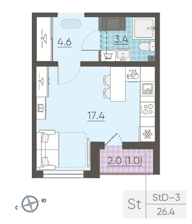 Студия 26.4 м²