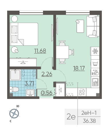 Однокомнатная квартира 36.38 м²