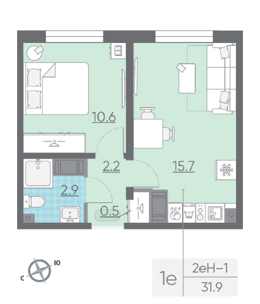 Однокомнатная квартира 31.9 м²