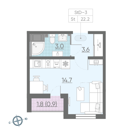 Студия 22.2 м²