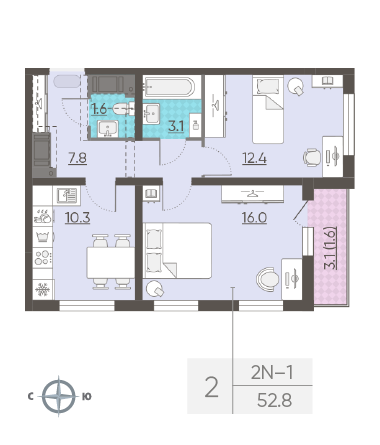 Двухкомнатная квартира 52.8 м²