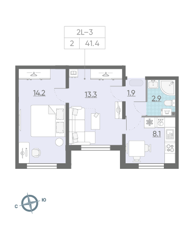 Двухкомнатная квартира 40.4 м²