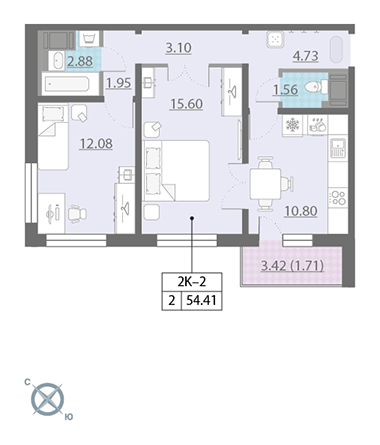 Двухкомнатная квартира 54 м²