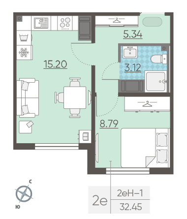 Однокомнатная квартира 32.45 м²