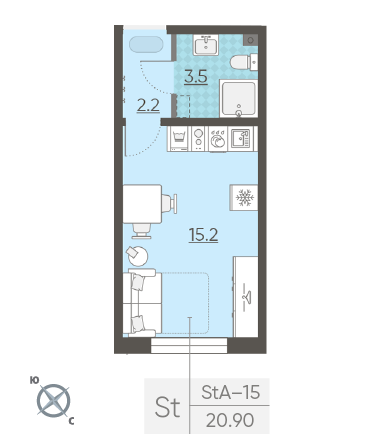 Студия 20.9 м²