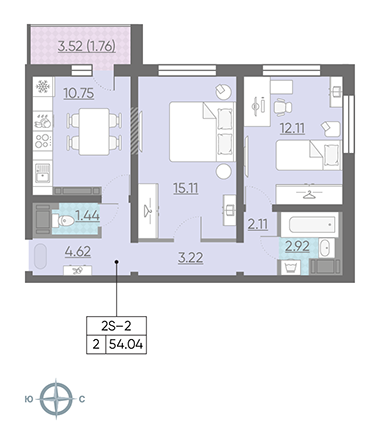 Двухкомнатная квартира 53.8 м²