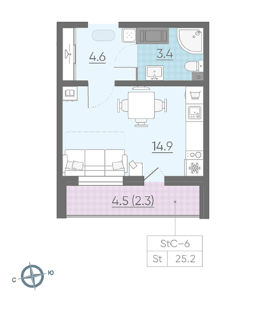 Студия 25.2 м²