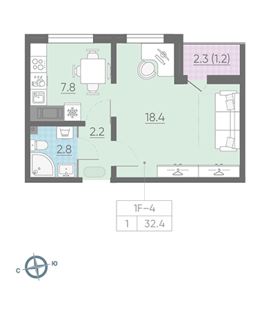Однокомнатная квартира 32.4 м²