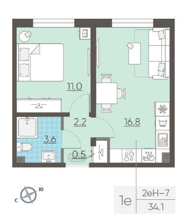 Однокомнатная квартира 34.1 м²