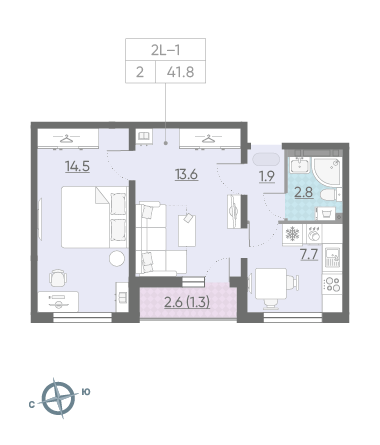 Двухкомнатная квартира 41.8 м²