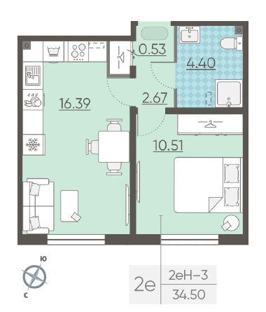 Однокомнатная квартира 34.5 м²