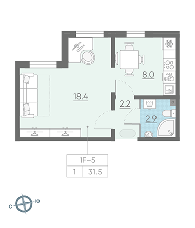 Однокомнатная квартира 31.5 м²