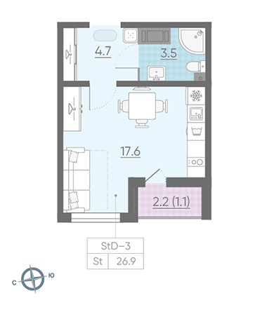 Студия 26.9 м²