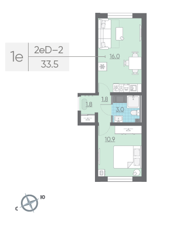 Однокомнатная квартира 33.5 м²