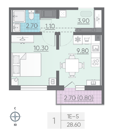 Однокомнатная квартира 28.6 м²