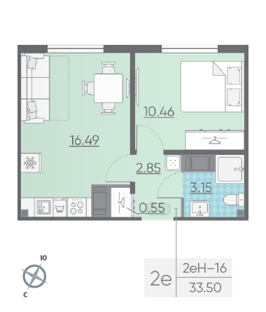 Однокомнатная квартира 33.5 м²