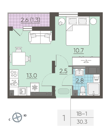 Однокомнатная квартира 30.3 м²