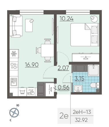 Однокомнатная квартира 32.92 м²