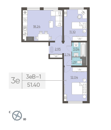 Двухкомнатная квартира 51.4 м²