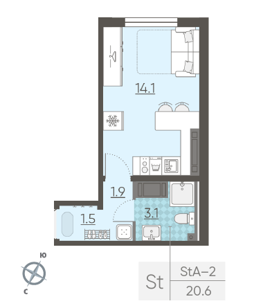 Студия 20.6 м²