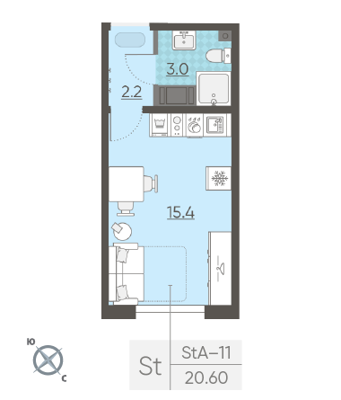 Студия 20.6 м²