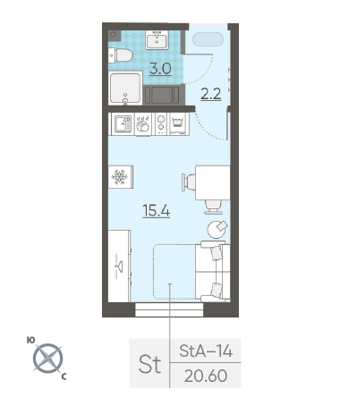 Студия 20.6 м²
