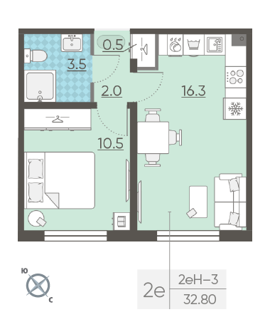 Однокомнатная квартира 32.8 м²