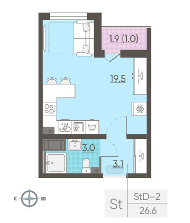 Студия 26.6 м²