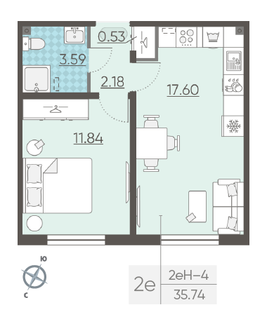 Однокомнатная квартира 35.74 м²