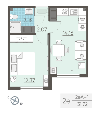 Однокомнатная квартира 31.75 м²