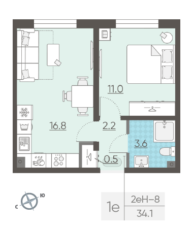 Однокомнатная квартира 34.1 м²