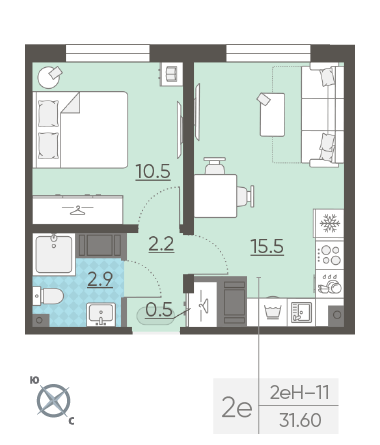 Однокомнатная квартира 31.6 м²