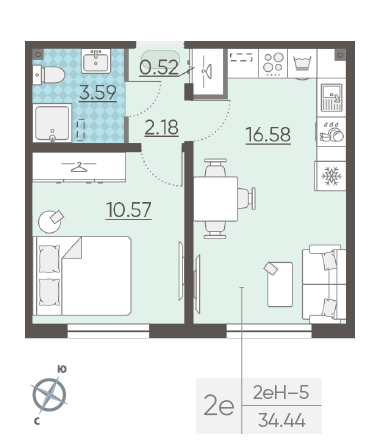 Однокомнатная квартира 33.44 м²