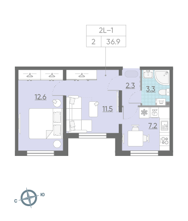 Двухкомнатная квартира 36.9 м²