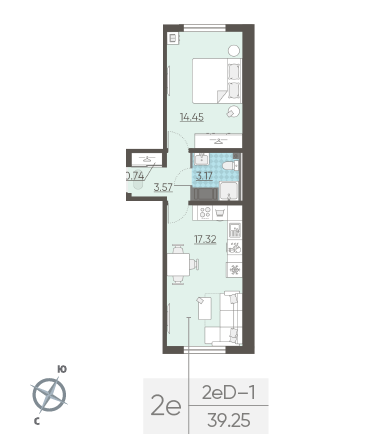 Однокомнатная квартира 39.25 м²