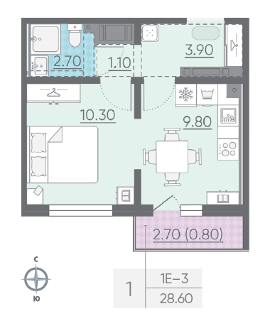 Однокомнатная квартира 28.6 м²