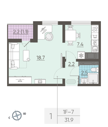 Однокомнатная квартира 31.9 м²