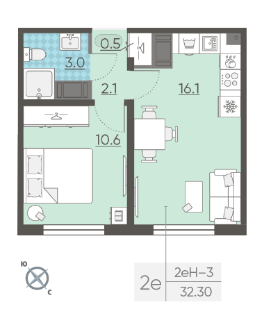 Однокомнатная квартира 32.3 м²