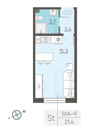Студия 21.4 м²