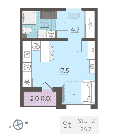 Студия 26.7 м²