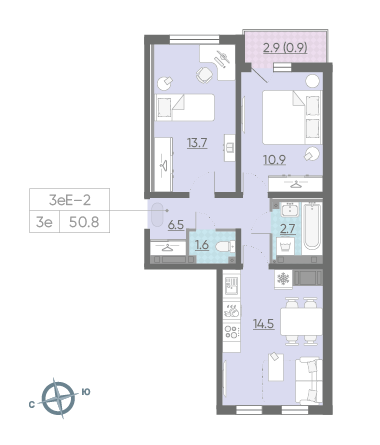 Двухкомнатная квартира 50.8 м²