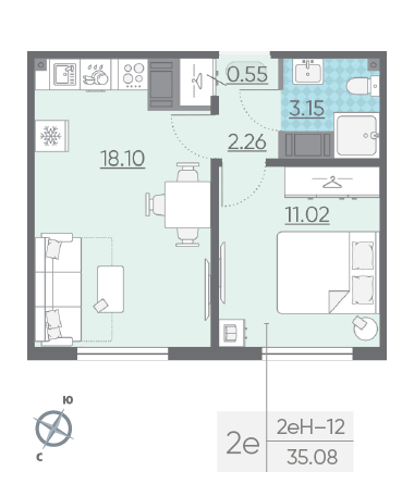Однокомнатная квартира 35.08 м²