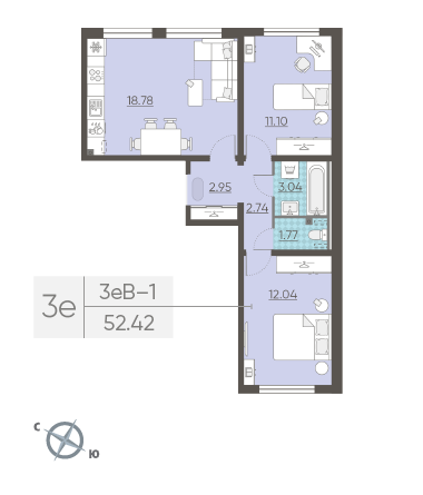 Двухкомнатная квартира 52.42 м²