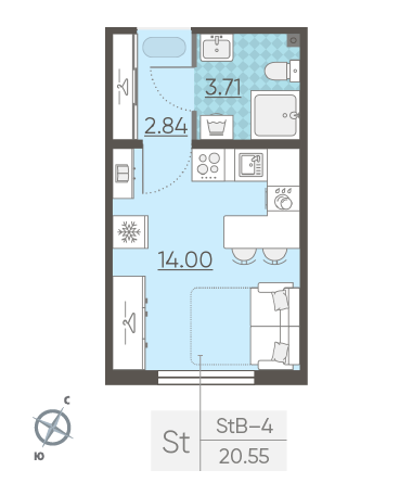 Студия 20.55 м²