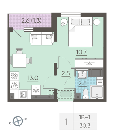 Однокомнатная квартира 30.3 м²