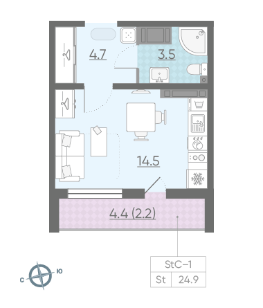Студия 24.9 м²