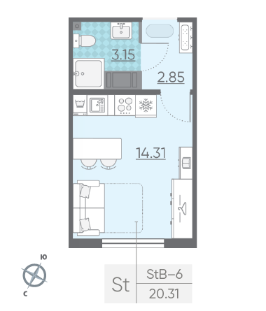 Студия 20.31 м²
