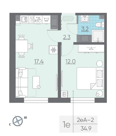 Однокомнатная квартира 34.9 м²