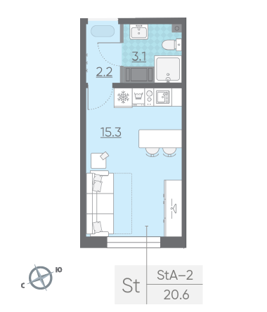 Студия 20.6 м²